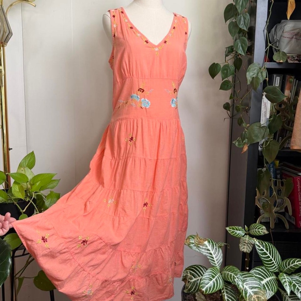 Vintage Coral Pink Cotton Floral Embroidered Tiered Maxi Dress Made in India L